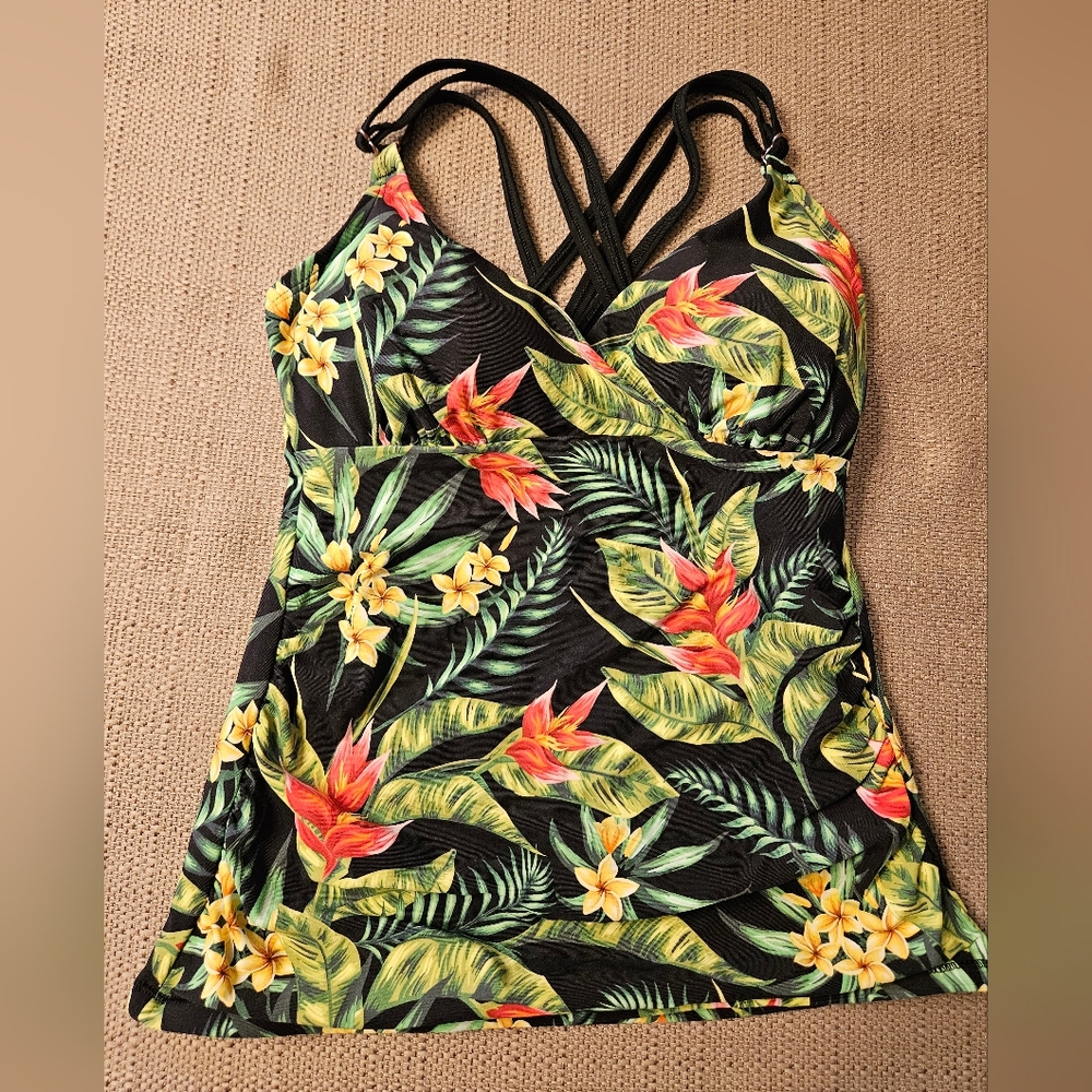 Calia Black Green Tropical Paradise Palms Ruched Tankini Swim Top sz XS